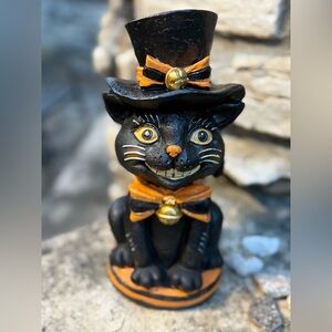 Black Cat Figurine with Orange Accents